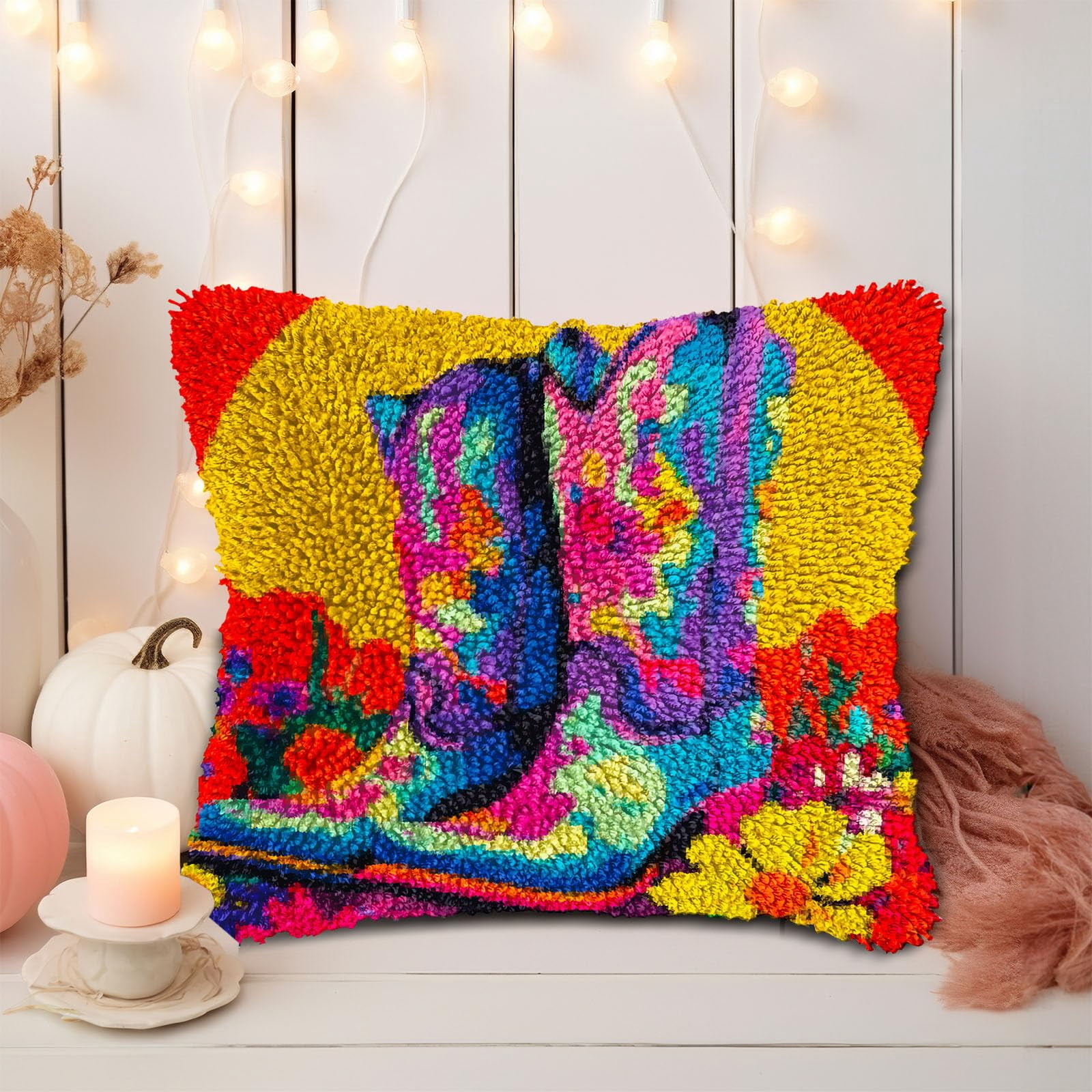 Colored Boots and Flowers DIY Latch Hook Pillow Kits for Adults Printed Pillowcase Crochet Yarns Hooking Handmade Pillow Cover Cushion for Home Sofa Decoration 17x17inch