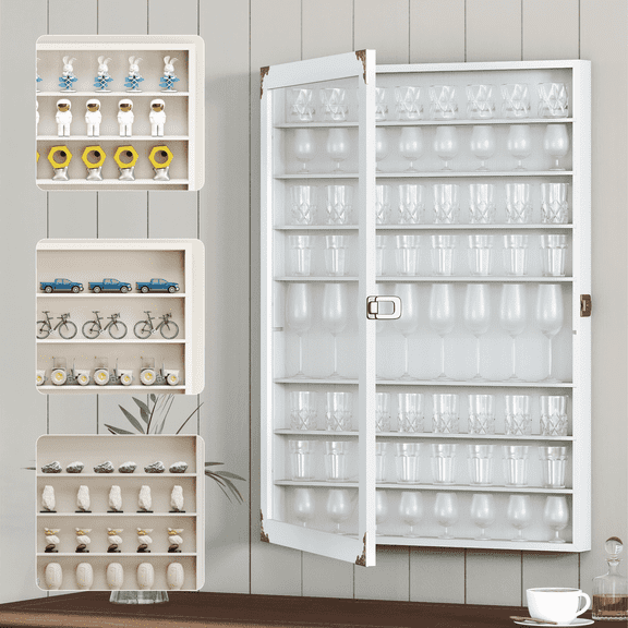 VGBYUJ Wall Mounted Shot Glass Display Case, 72 Slots Curio & Shot Glass Holder with Acrylic Lockable Door & Removable Shelves for Home, 26.85'' x 17.5'' x 3.35'', White