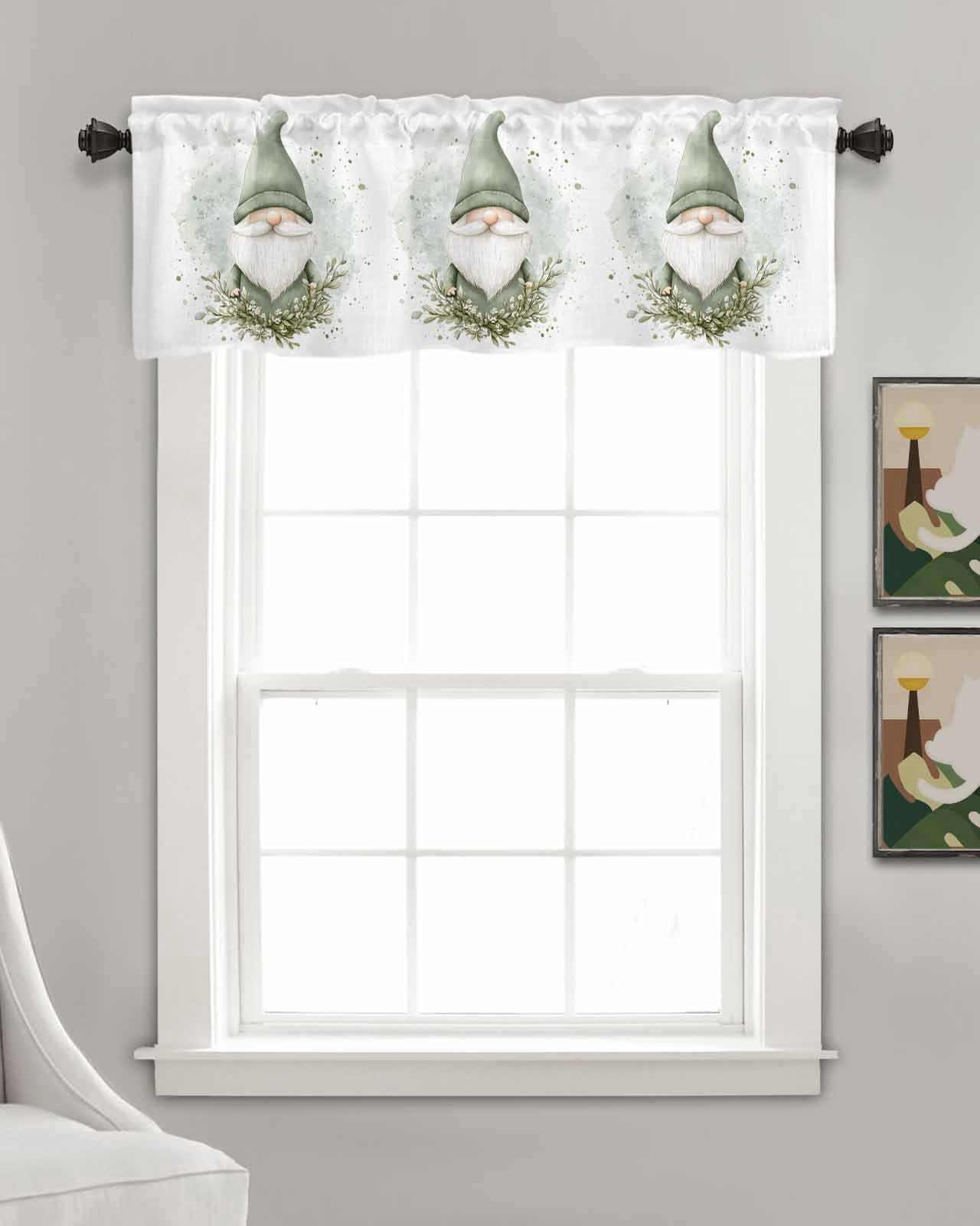 Spring Green Gnomes Kitchen Valances for Windows Farmhouse Linen Window Valance Curtain for Living Room Window Treatment Eucalyptus Botanical Valance Rod Pocket Topper Drape, 54 x 18 Inch