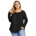 thumbnail image 3 of Women Plus Size Pleated Flowy Top 3/4 Roll Sleeve Casual Loose Blouse Round Neck Tunic Shirt Long Sleeve Black XL, 3 of 9