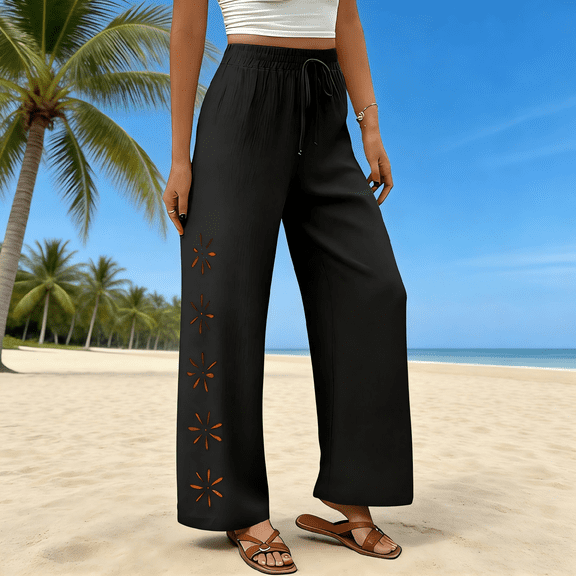 qolati Wide Leg Pants Women Casual Palazzo Drawstring Elastic Waist Vacation Trousers Side Floral Embroidery Hollow Out Summer Beach Pants Size L