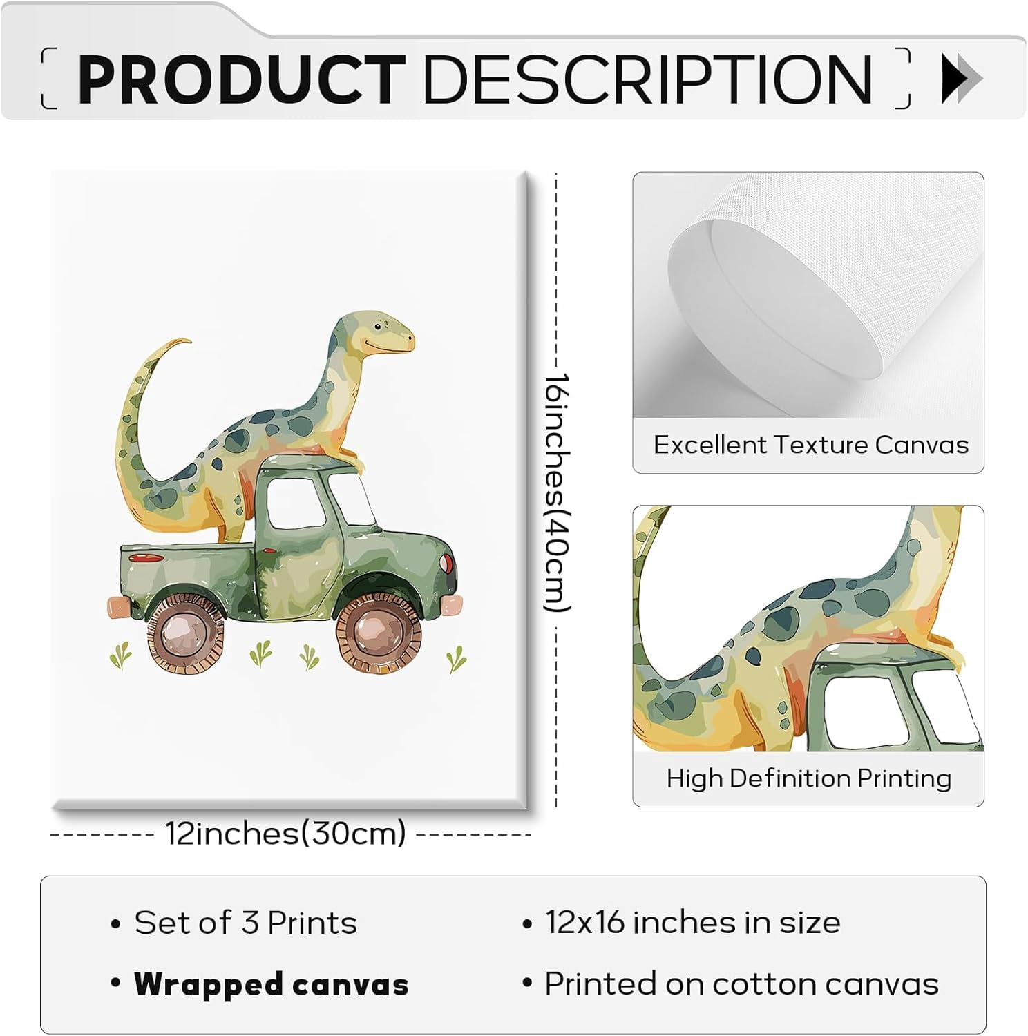 Nursery Wall Art Decor Dinosaur poster Prints Baby Boy Nursery Wall Decor Green Dino Pictures Toddler Kids Poster Cartoon Car Painting Boys Room Artwork for Bedroom Bathroom Inch Ready to Hang