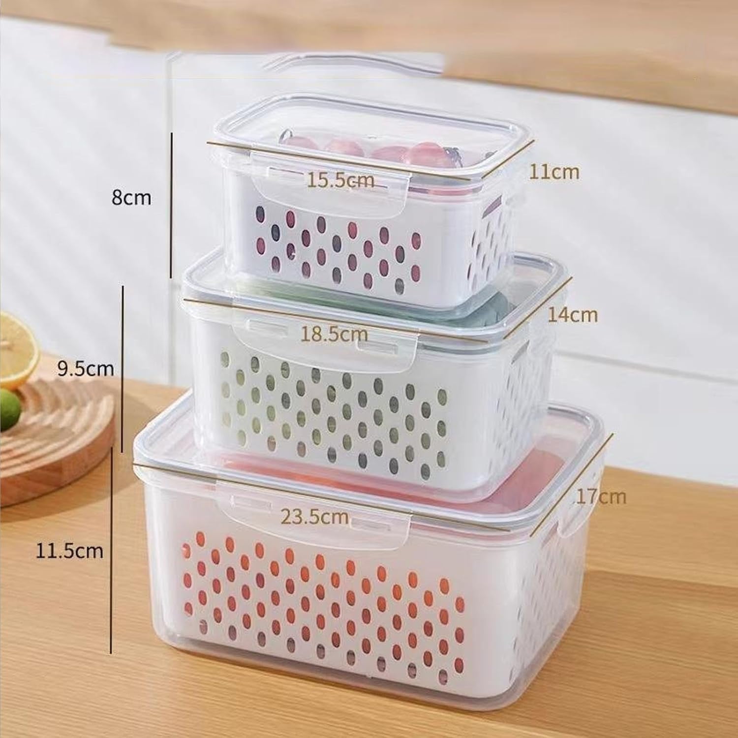 Household Transparent Plastic Food Storage Box-Including Drain Basket, Transparent Plastic Food Storage Box-Including Drain Basket, Large Fruit Containers for Fridge with Removablecolander