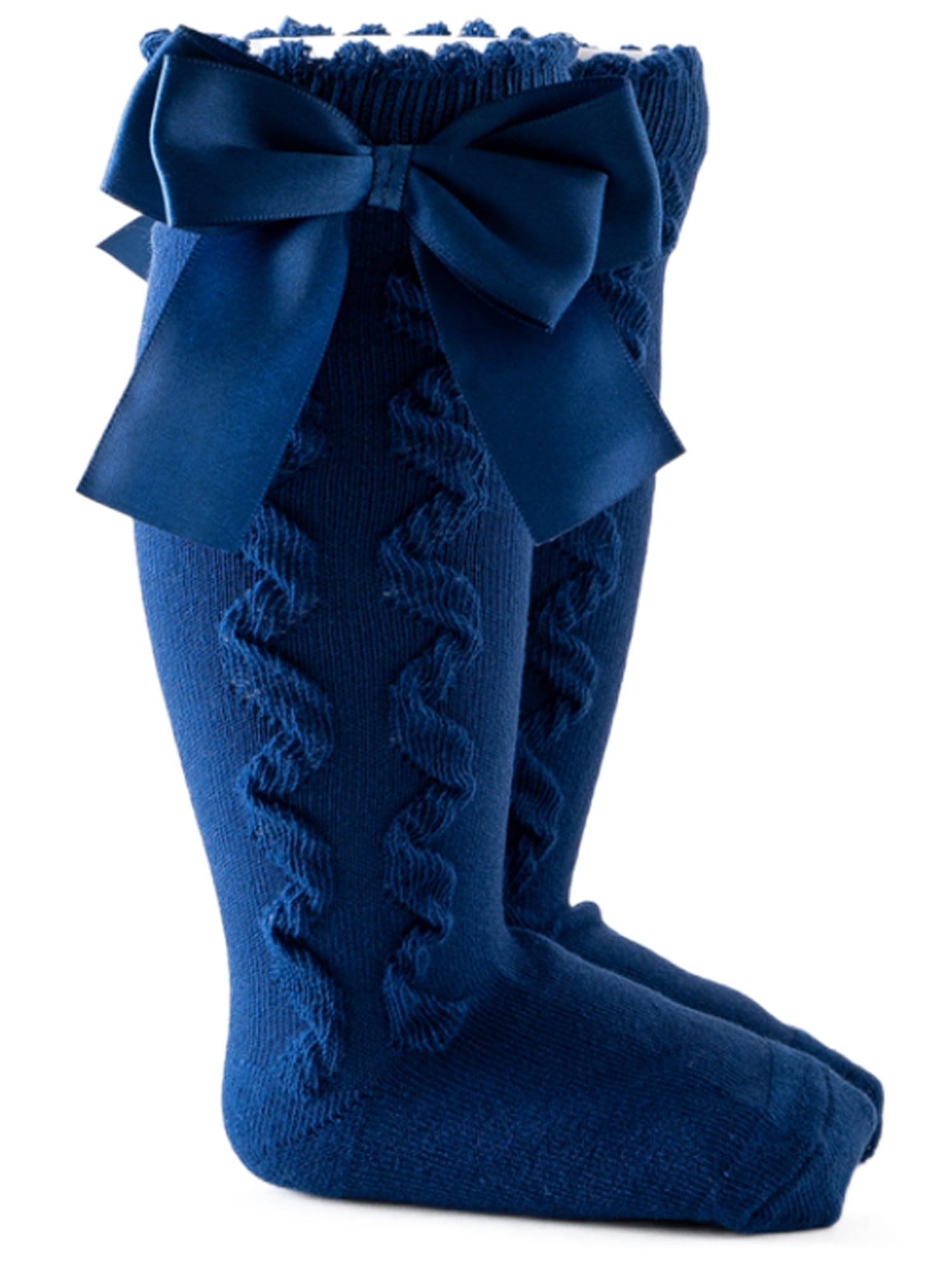 2 Pairs Girls Cable Knit Knee High Satin Bow Socks