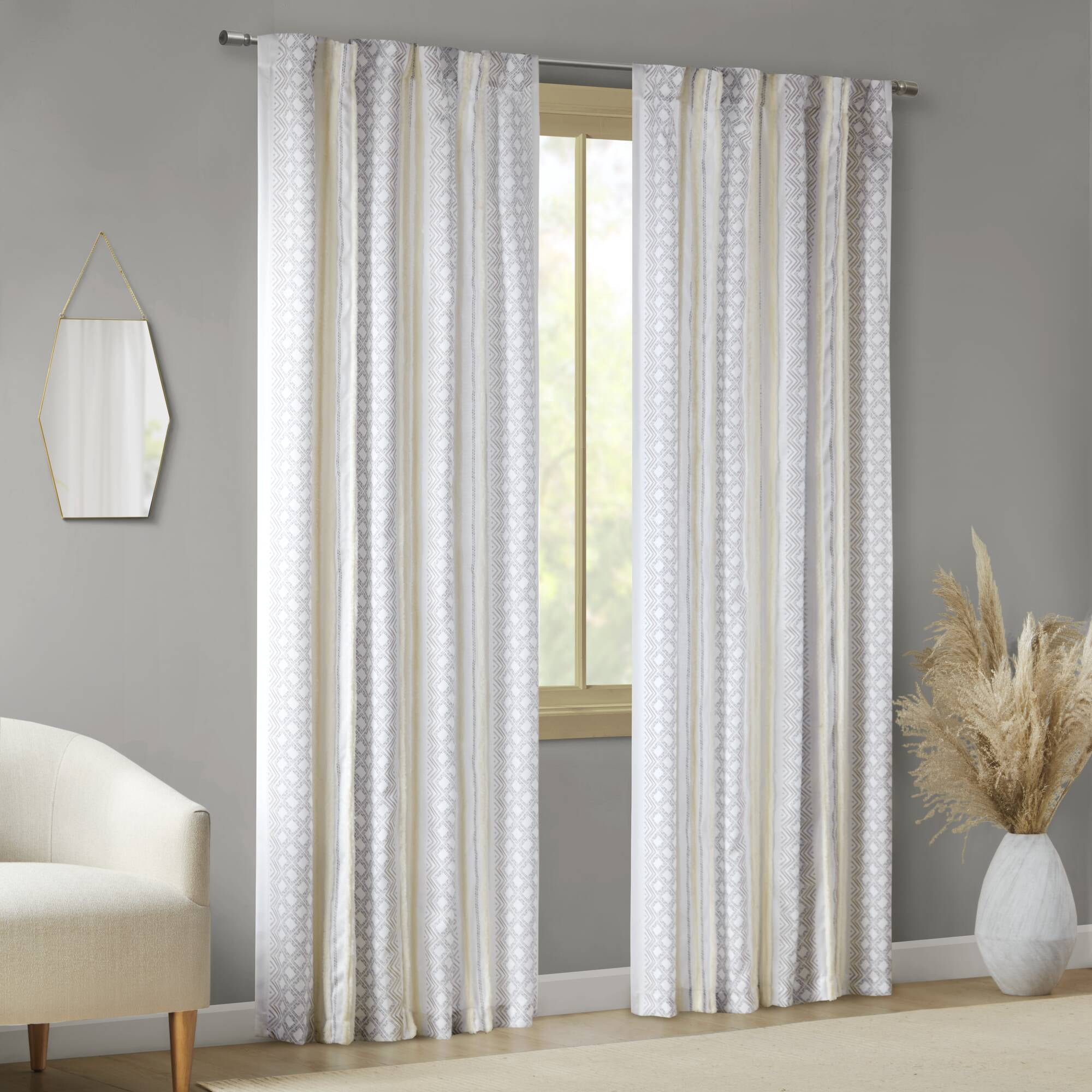 MAYEERTY 50x95" Poly Printed Curtain Panels (2-Pack) - Tufted Stripe, White/Taupe