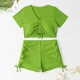 thumbnail image 4 of Efsteb Bathing Suit for Women 2 Piece Bikini V-Neck Short Sleeve Ruched Split Swimsuit Fashion Bathing Suits Two Piece Swim Suit Solid Color Swimwear (Green,XL), 4 of 7
