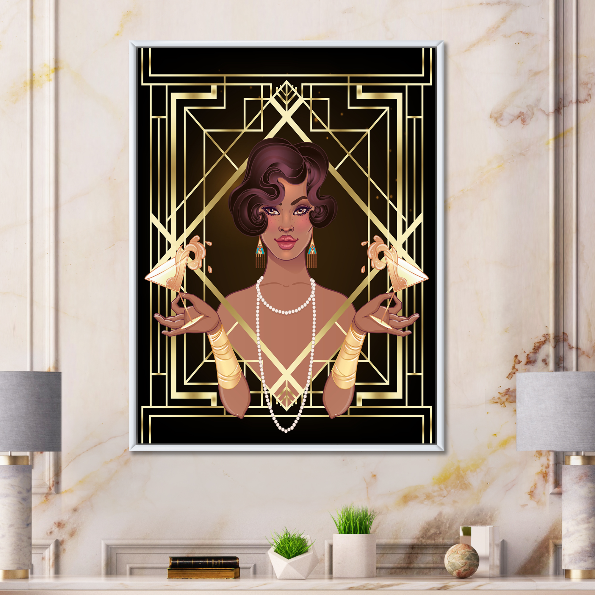 Designart 'Retro Girl In Golden Art Deco Geometrics I' Modern Framed Canvas Wall Art Print