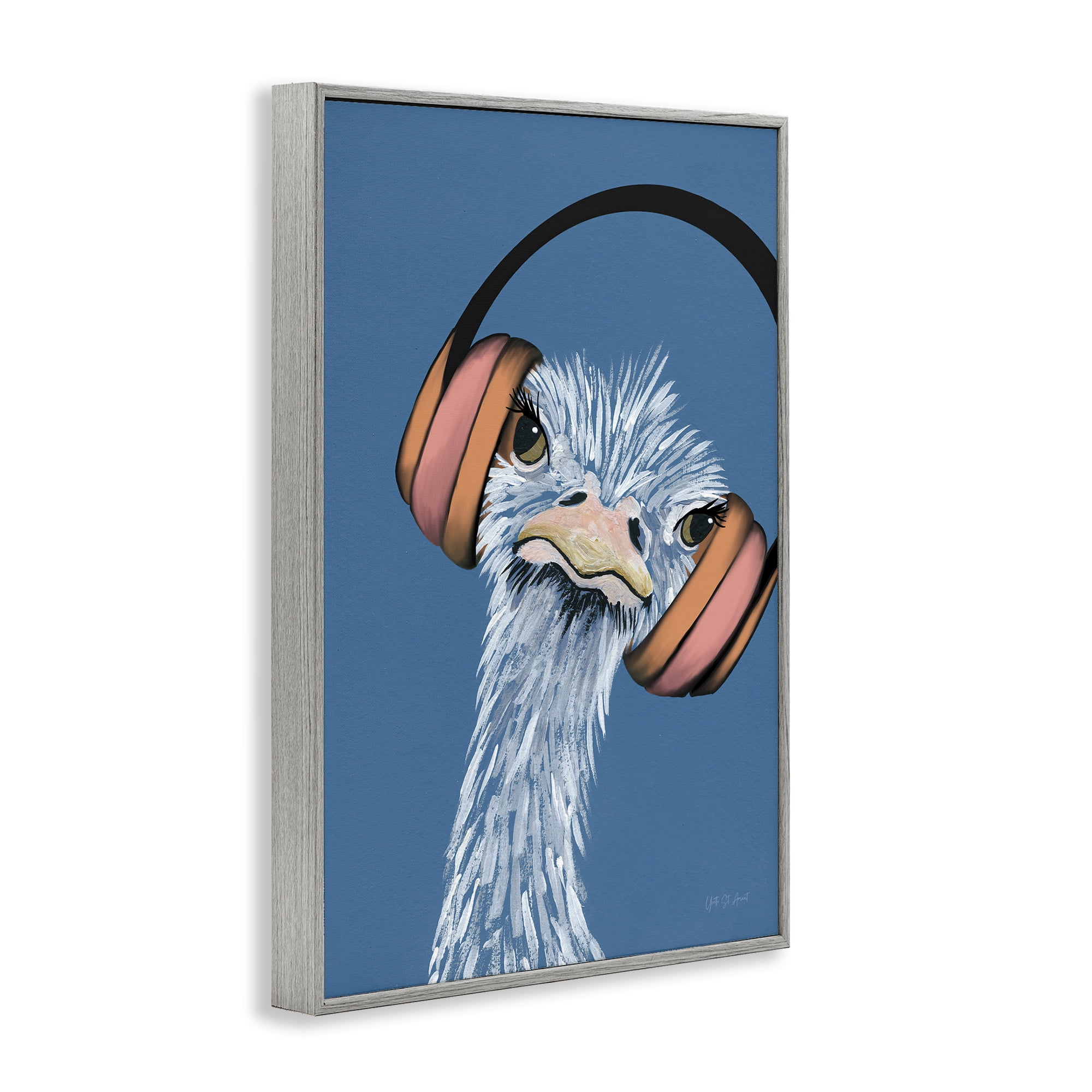 Stupell Industries Ostrich with Headphones Animals & Insects Painting Gray Framed Art Print Wall Art, 16 x 24