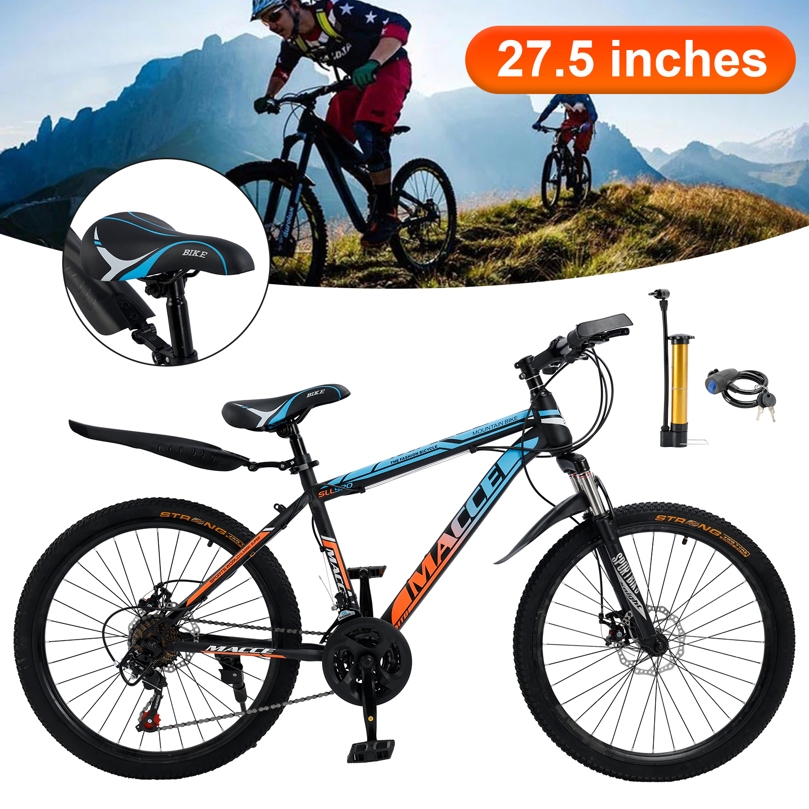 27.5" Spoke Wheel 24 Speed Mountain Bicycle Adult Bike MTB w/ fender Blue & Orange