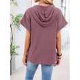 thumbnail image 5 of Women Summer Tops Waffle Knit Short Sleeve Drawstring Hoodies Button V Neck Casual Blouses Shirts Brick Red XL, 5 of 9