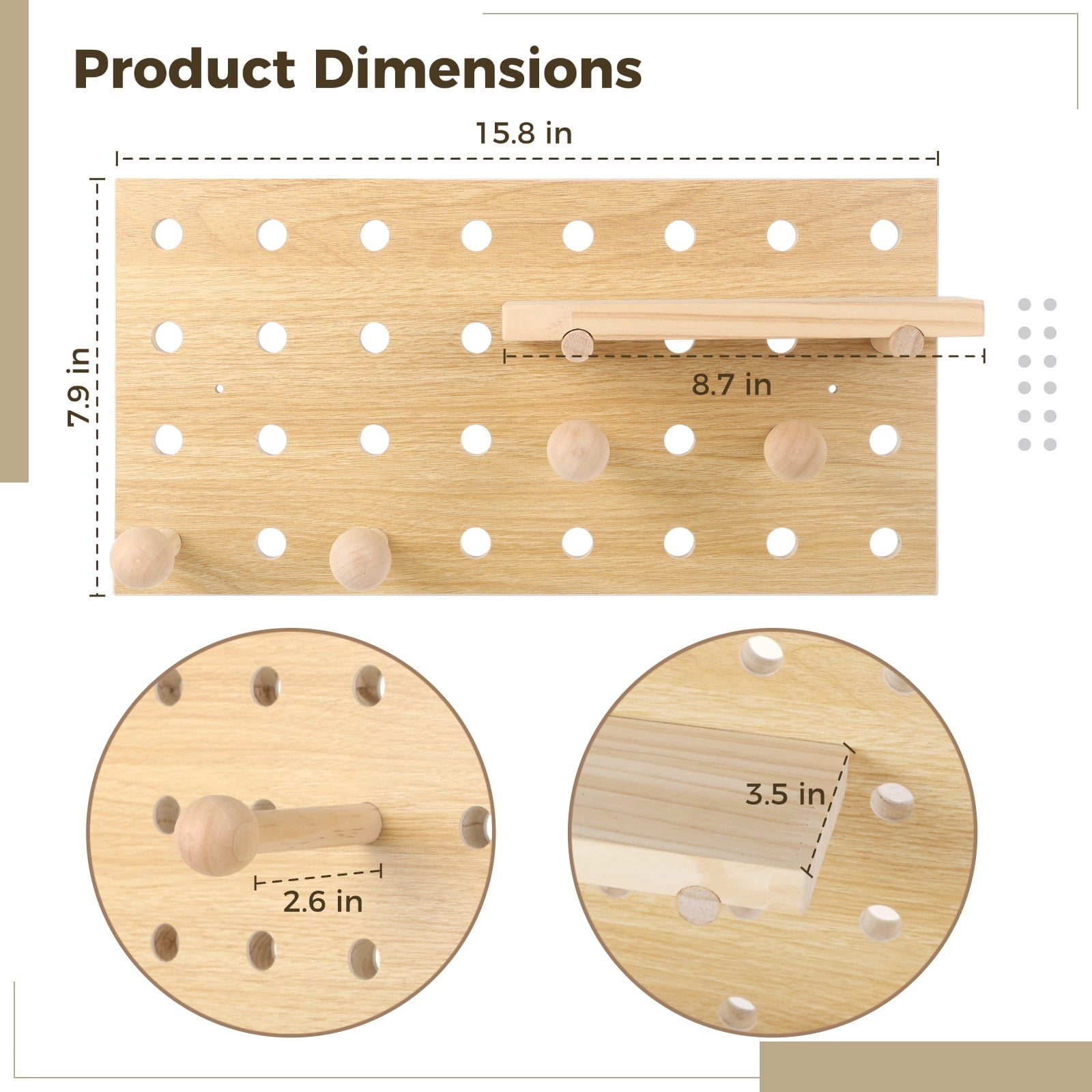 2 PCS Wooden Pegboards, Wood Pegboard Combination Kit, Wall Display Wooden Pegboard with Floating Shelves & Wooden Sticks, Wall Mounted Storage Shelf Organizer for Entrance Living Room Office