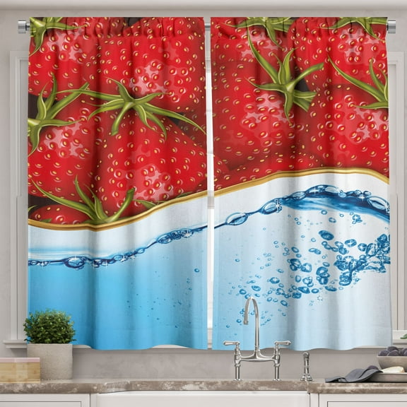 Ambesonne Strawberry Kitchen Curtains, Summer Fruit and Water, 55"x45", Pale Blue Dark Coral