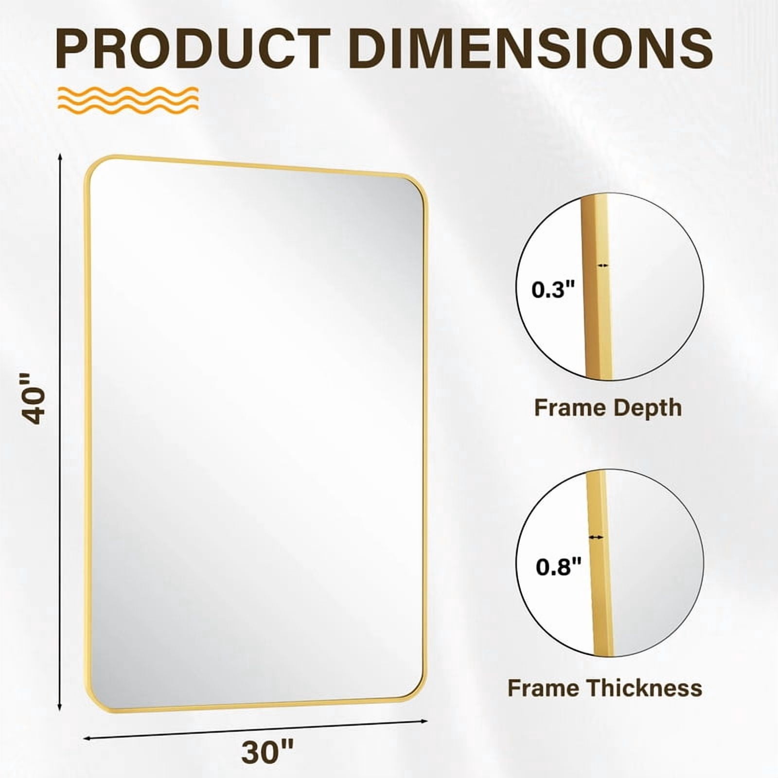 Easy4Home 40"x30" Rectangular Bathroom Mirror Hanging Rounded Corners Vanity Mirror Wall Mounted, Gold