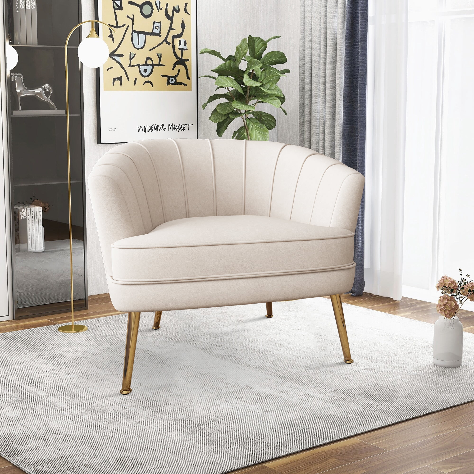Andeworld Upholstered Accent Chair with Gold Metal Legs (Beige ...
