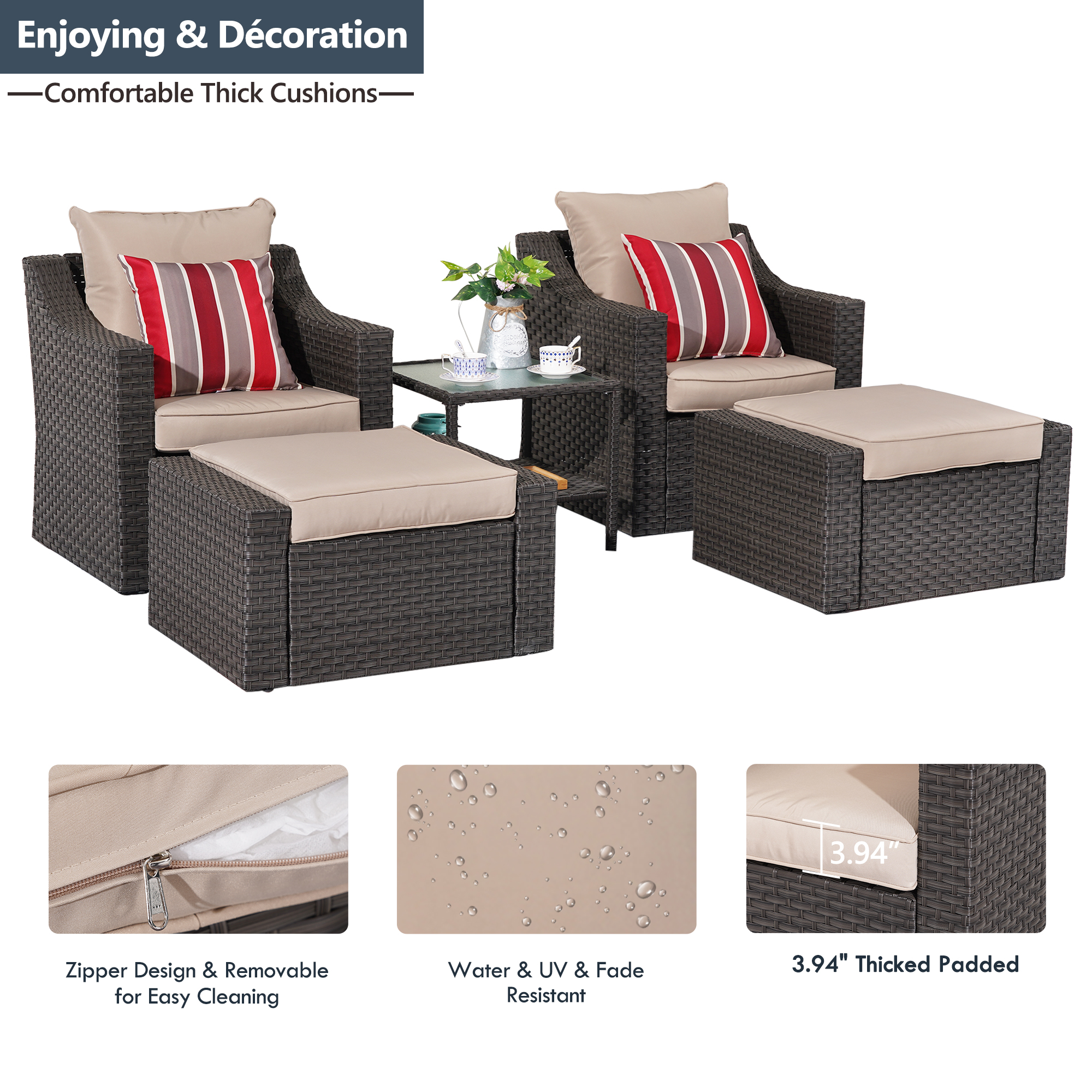 Superjoe 5 Pcs Patio Furniture Sets Outdoor Wicker Lounge Chair with Ottomans and Coffee Table, Khaki - image 3 of 6