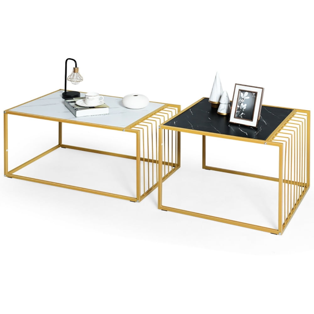 Finihen Side Table, Rectangular Coffee Table, Set of 2 Modern Stackable 31.5 Inch Side Table with Waterproof Faux Marble Tabletop, for Living Room, Black & White