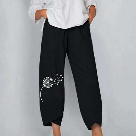 

Womens Cotton Linen Capri Pants Summer Elastic Waisted Casual Pants Wide Leg Loose Fit Comfy Pajama Beach Trousers EKOUSN