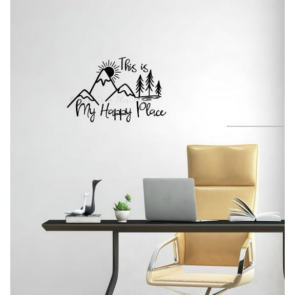 RV Decals My Happy Place Mountain Scene - Vinyl Camper Decals - Removable Wall Lettering Decals for RV Trailers 23x15- Inch Black
