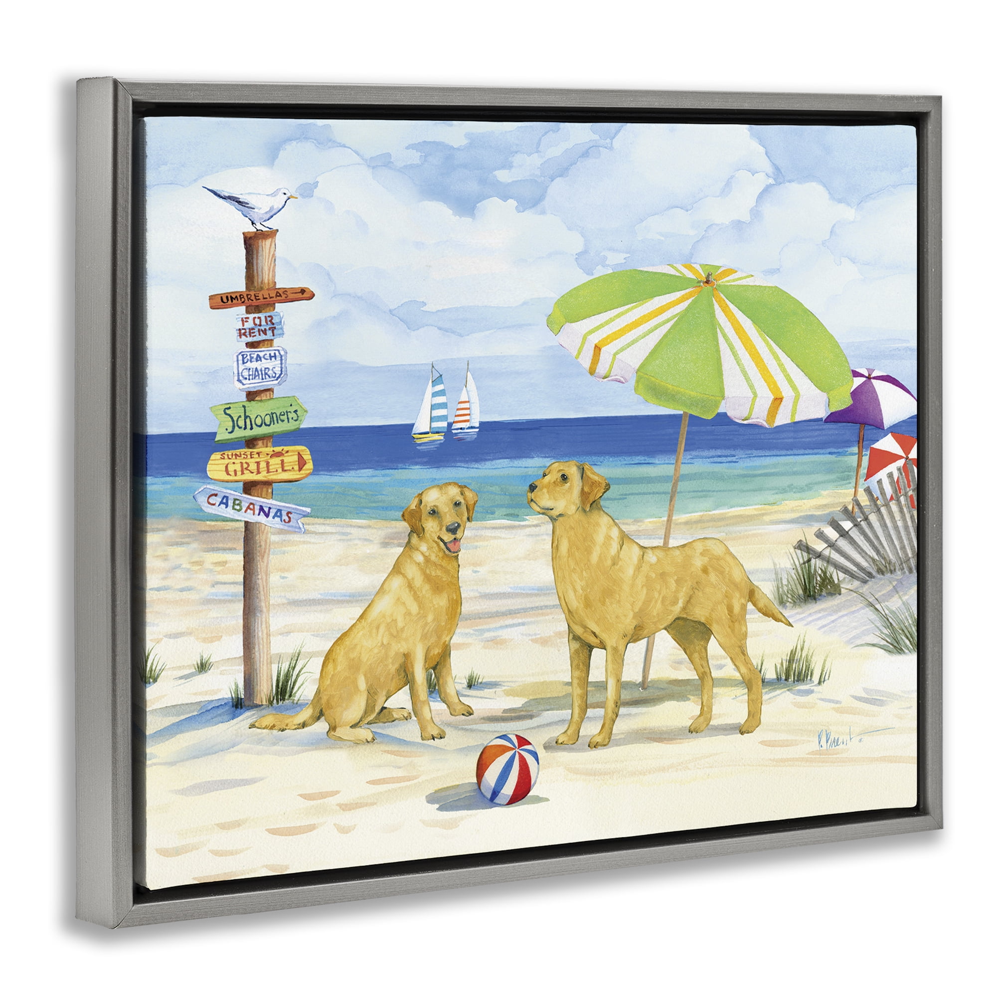 Stupell Industries Dog Beach Day Animals & Insects Painting Gray Floater Framed Canvas Art Print Wall Art, 31 x 25