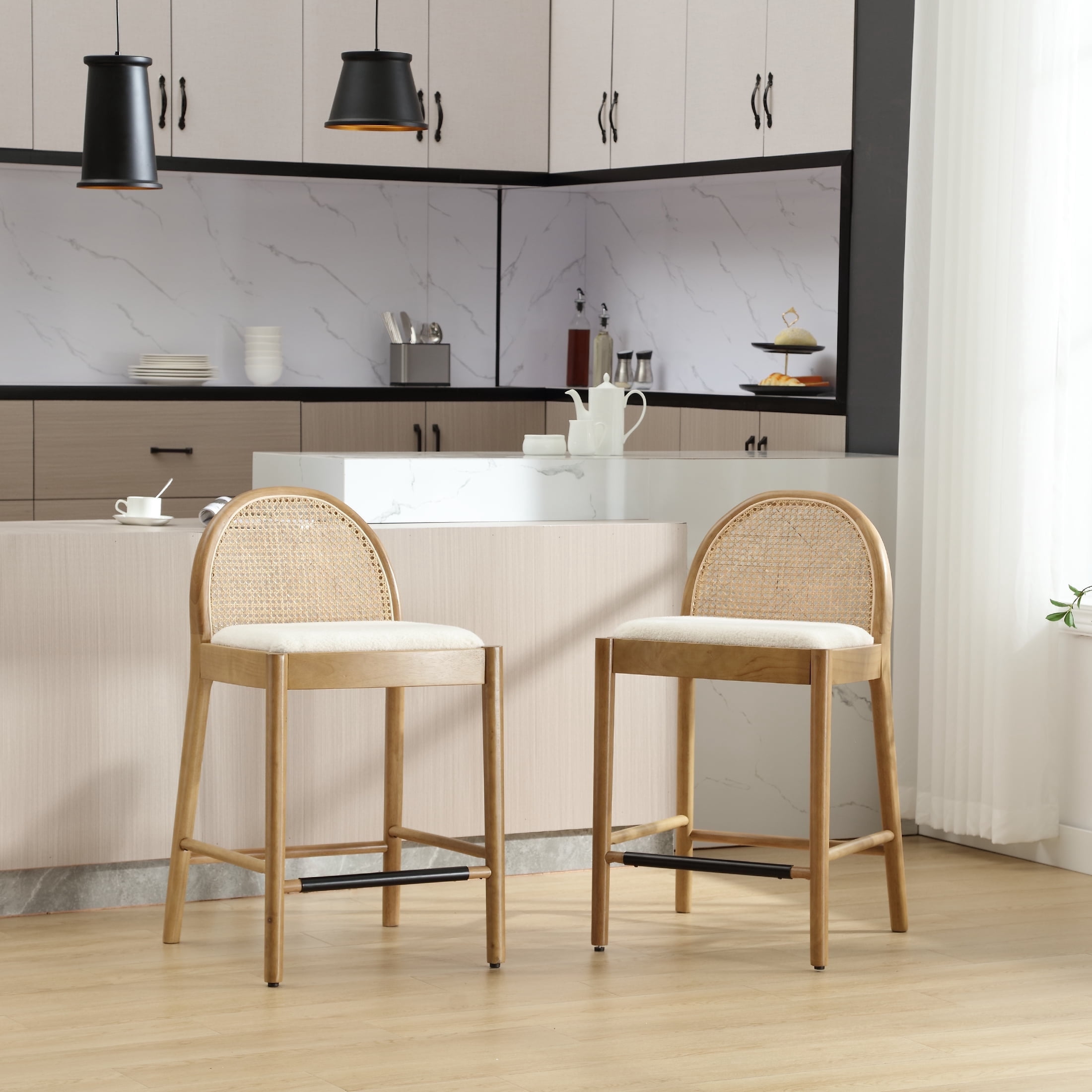 Guyou Modern Bar Stools Set of 2, 26" Counter Height Bar Stools with Natural Rattan Back and Solid Wood Frame, Sherpa Upholstered Kitchen Island Chairs for Bar Island Cafe Kitchen, White
