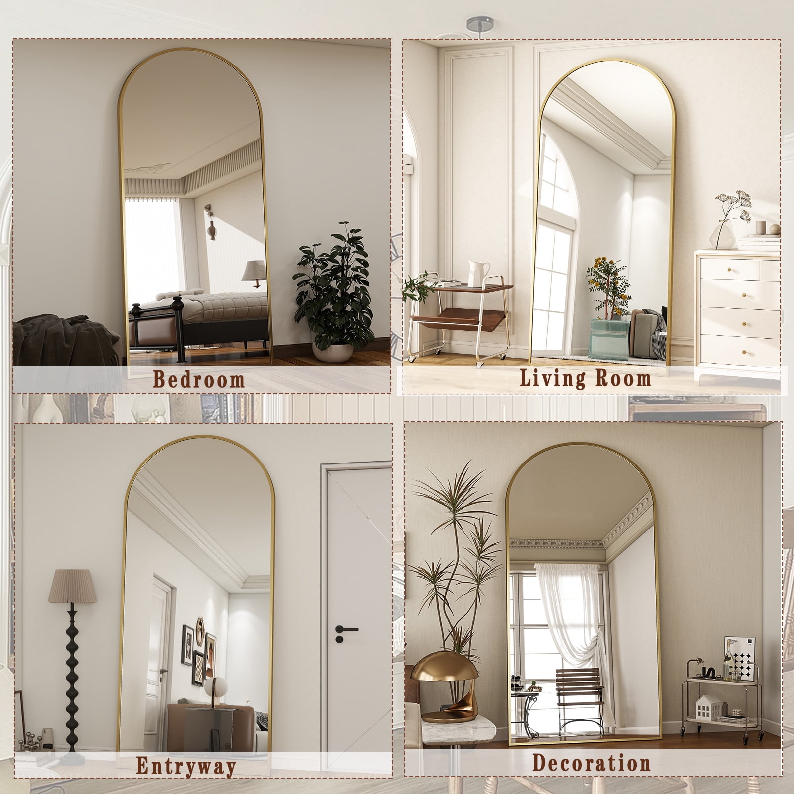 Fynelo 76"x34" Arched Full Length Floor Mirror Free-standing Mirror with Aluminum Alloy Frame, Gold