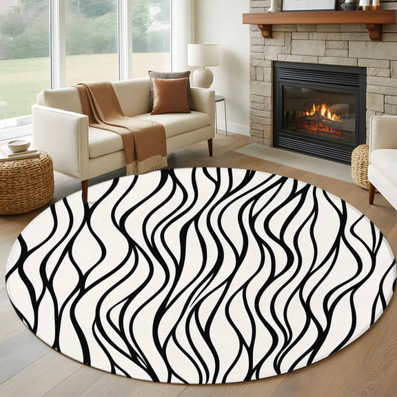 Beige Black Stripe Round Rug 5ft Washable Circle Kitchen Rugs Non Slip Abstract Art Vertical Wave Lines Large Area Rug Indoor Floor Carpet for Bedroom Living Room Home Office Dining Room Nursery