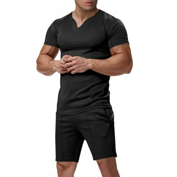 BXINGOHAI Men's Shirt and Shorts Set Summer Outfits Fashion V-Neck Short Sleeve Casual Track Suit for Men 2 Piece Short Set Black,2XL