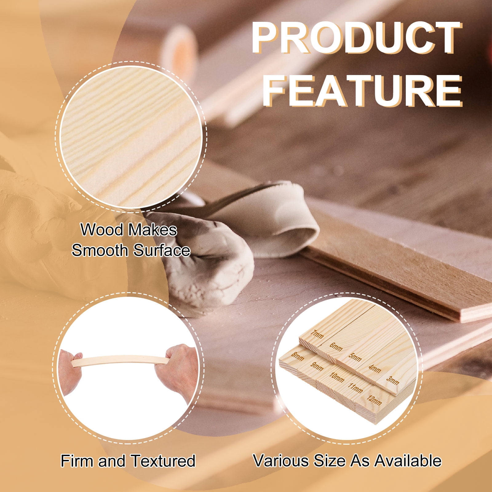 Uxcell 20Pcs Pottery Rolling Mud Stick Guide,Wood Clay Roller Pin Kit 13.4x0.8" 3 4 5 6 7 8 9 10 11 12mm(H)