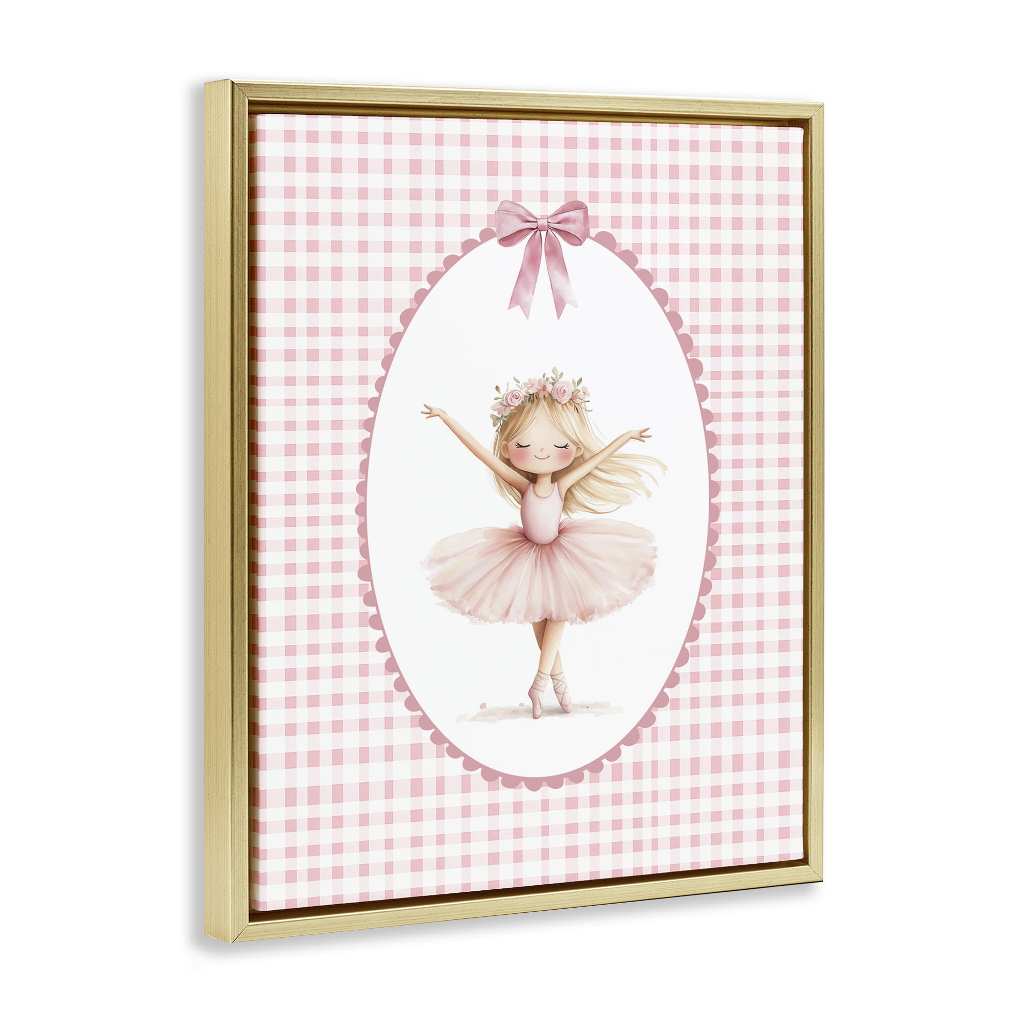 Ballerina on Pink Checkered Gold Framed Floater Canvas Wall Art, design by Christine Simpson Art