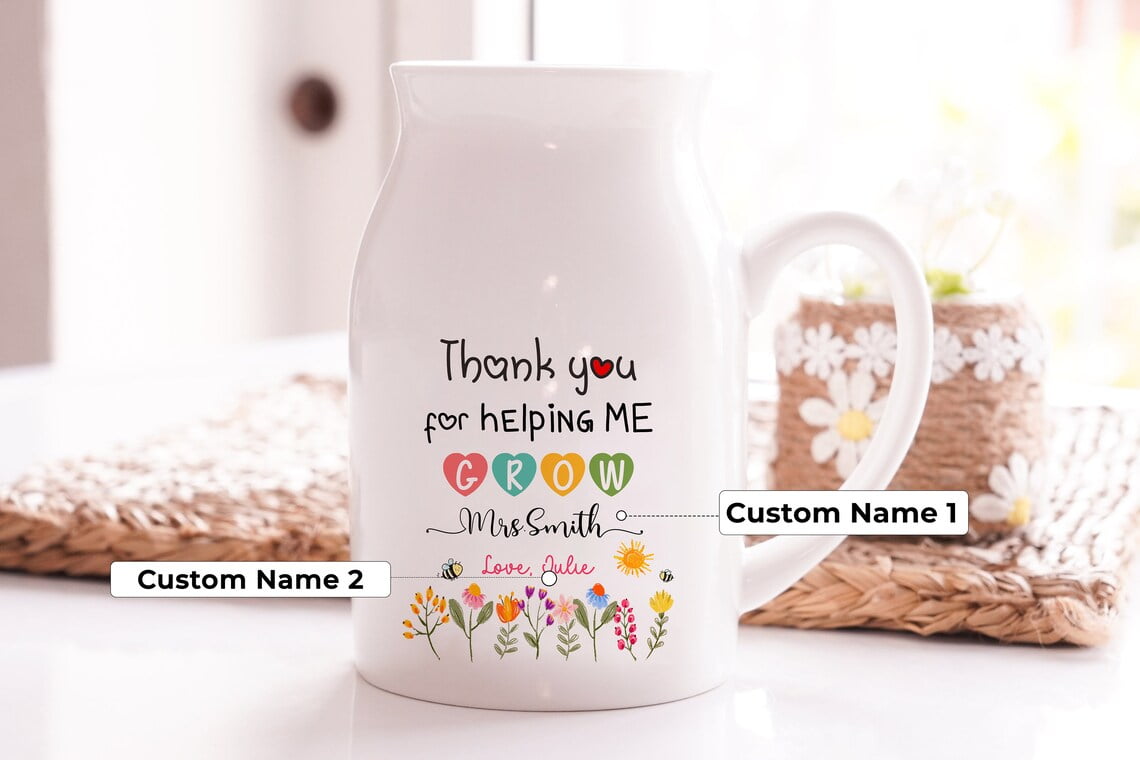 Personalized Teacher Flower Vase, Thank You Teacher Gift, Teacher Appreciation Mug Vase, Wildflower Vase with Custom Name