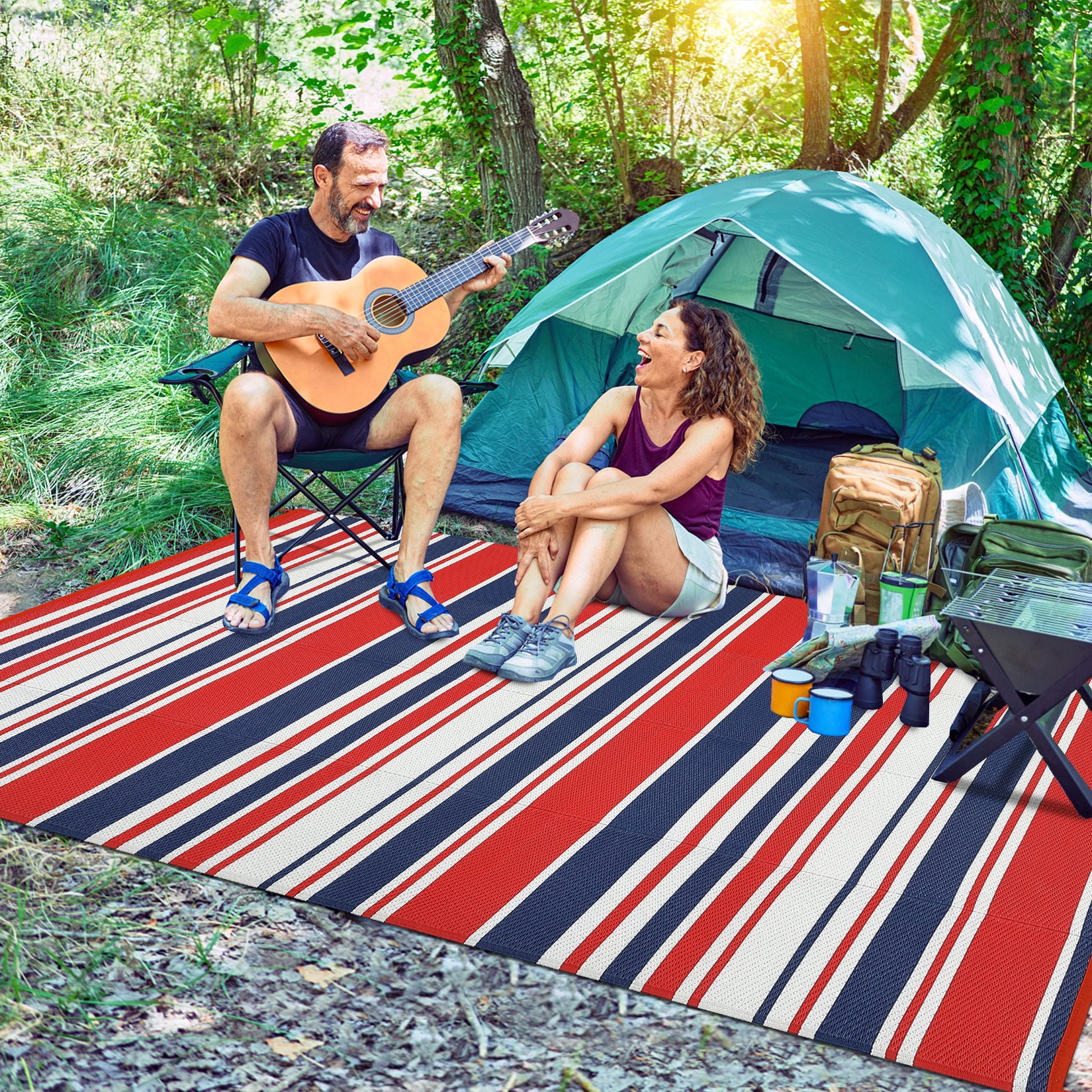 FairOnly 9'x18'Red Blue Modern Gemetric Outdoor Rugs Reversible Stain Resistant Area Rug for Camping picnic