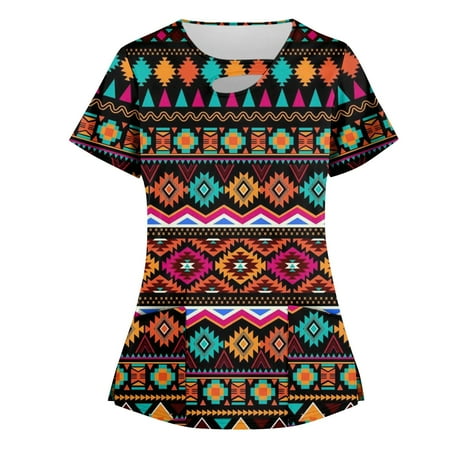 

BIZIZA Workwear Scrubs Women Elegant with Two Pocket Oversized Workwear Short Sleeve V Neck Vintage Printed Sexy Summer Tops for Plus Size Multicolor M