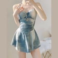 thumbnail image 1 of Traje de baño adelgazante con falda que cubre el vientre y cuello colgante de estilo chica sexy azul teñido anudado para vacaciones en la playa para mujer, 1 of 5