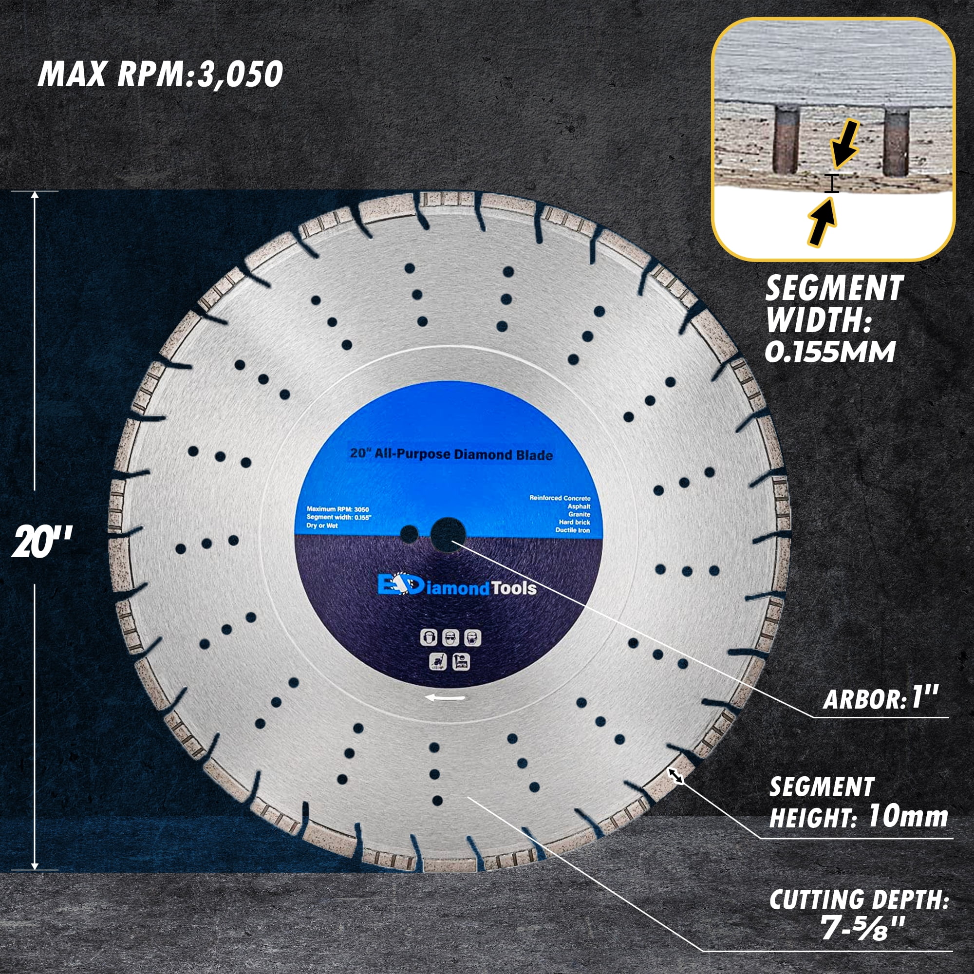 EDiamondTools 20" All Purpose Diamond Saw Blades for Reinforced Concrete, Asphalt, Granite