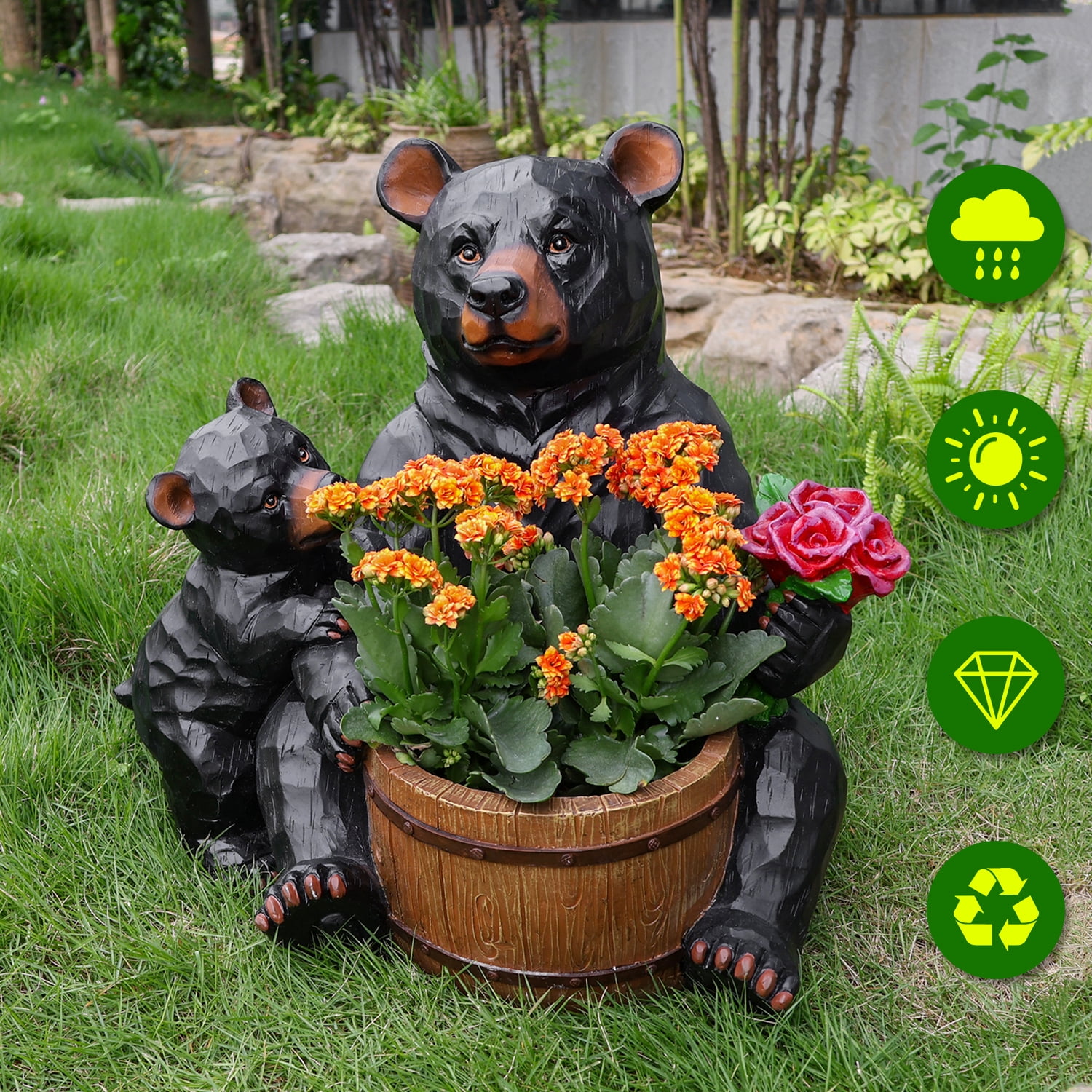 Outdoor Garden Bear Flower Pot Planter, Unique Yard Statue for Patio, Lawn, Garden, Backyard Landscape Decor, Black