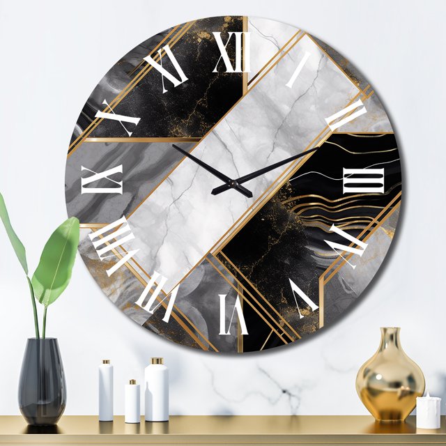 Designart "Marble Granite Agate with Gold Accents IV" Modern Geometric Oversized Wall Clock