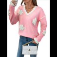thumbnail image 3 of Suéter de Felpa con Cuello en V para Mujer, Informal, Holgado, de Larga, de Punto Grueso Rosa L, 3 of 10