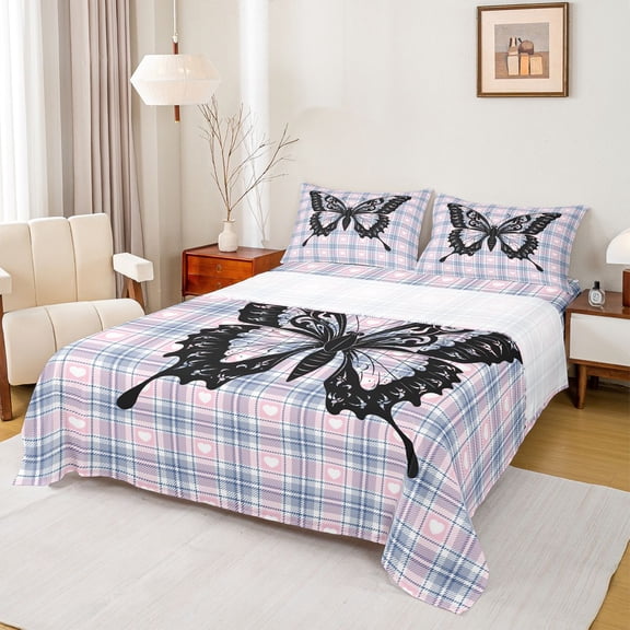 Homewish Romantic Butterfly Print Twin Sheet Sets, Kawaii Cartoon Animal Twin Fitted Sheet, Blue Pink Fashion Buffalo Flat Sheet, Breathable Home Decor, 3 Pieces