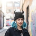 thumbnail image 7 of Unisex Knitted Beanie Hat, Devil Horns Knitted Hat, Halloween Distressed Skull Cap Funny Hip Hop Hat Windproof Warm Winter Yarn Hat For Men Women (Black), 7 of 7