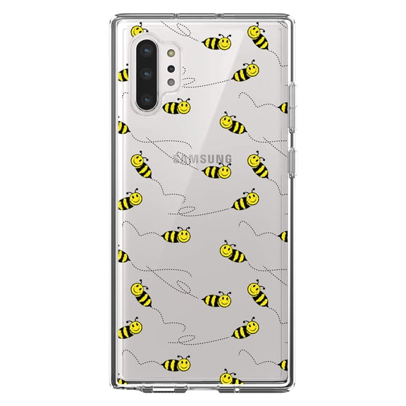 DistinctInk Clear Shockproof Hybrid Case for Galaxy Note 10 PLUS (6.8" Screen) - TPU Bumper, Acrylic Back, Tempered Glass Screen Protector - Repeating Bumble bees
