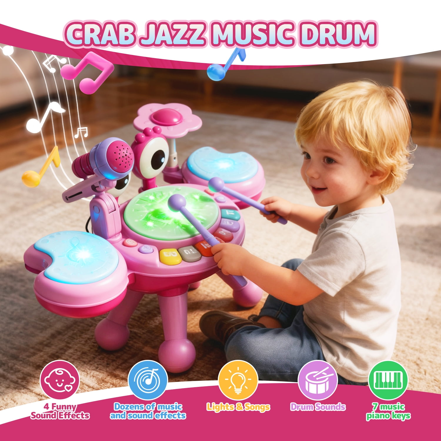 LINXUXIE Crab Drum Instruments Set, Kids Musical Toy with Microphone, Birthday Gifts for 1-3 3-5 5-8 Year Old