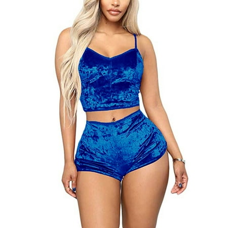 

wybzd Women s Velvet 2 Piece Pajamas Outfit V Neck Spaghetti Strap Crop Top+Shorts Sleepwear Nightwear Set Navy Blue L