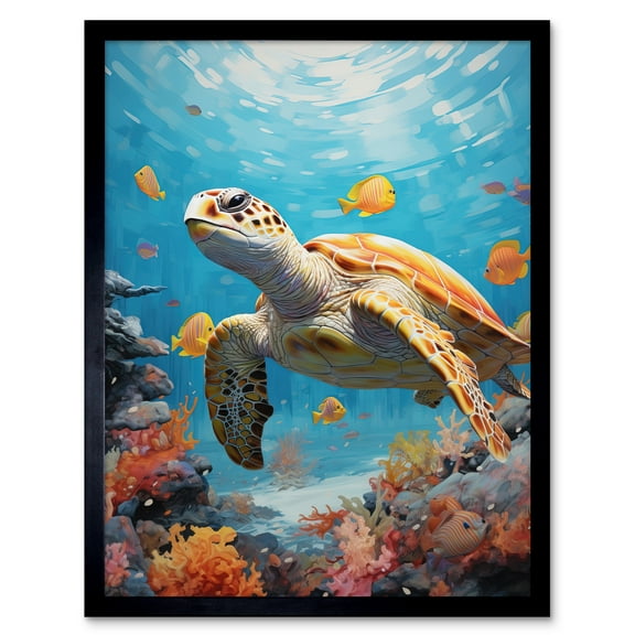 Loggerhead Sea Turtle in Coral Reef Bright Detailed Artwork Caretta Swimming with Yellow Striped Fish Art Print Framed Poster Wall Decor 12x16 inch