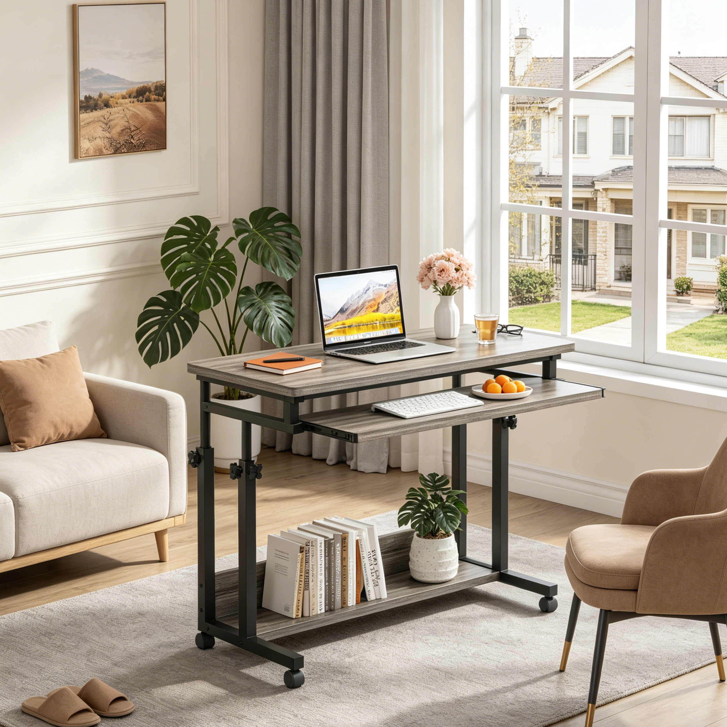 Fnova Height-Adjustable Desk with Wheels, Rolling Computer Cart with Keyboard Tray, Portable Laptop Small Standing Desk for Sofa, Bed, Home Office
