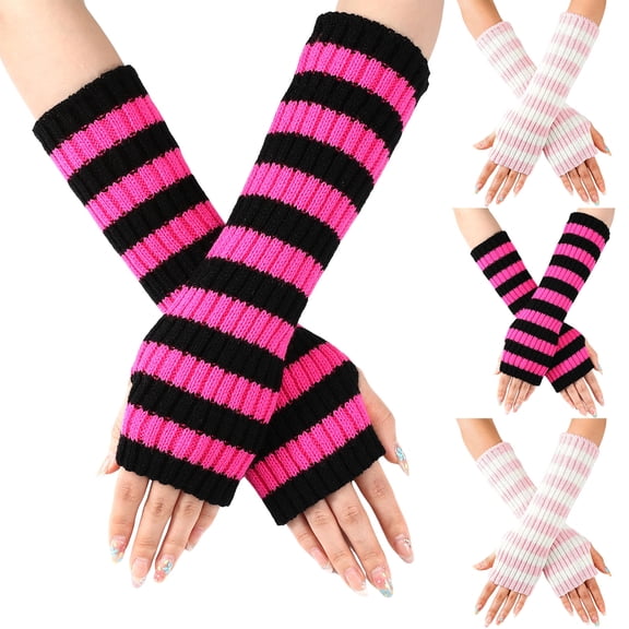 Lispipm Long Fingerless Gloves for Women Elbow Length Arm Warmers with Thumb Hole Stretch Knit Printed Striped Winter Mittens