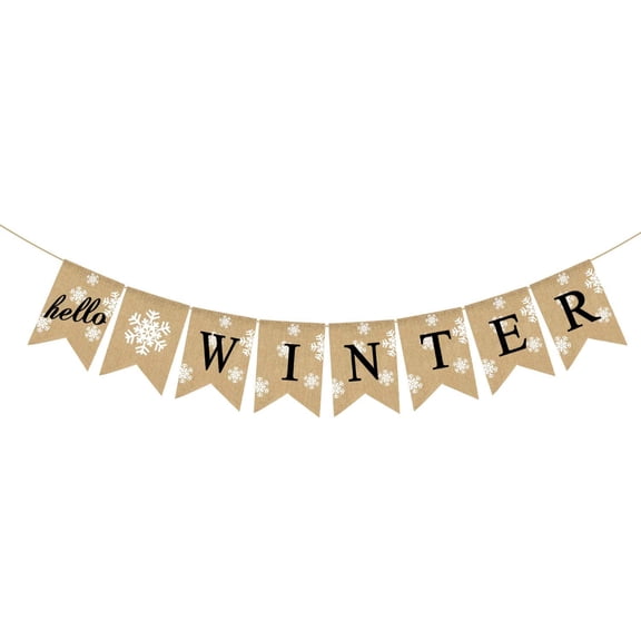 Jute Burlap Hello Winter Banner Snowflake Christmas Holiday Mantel Fireplace Bunting Garland Decoration