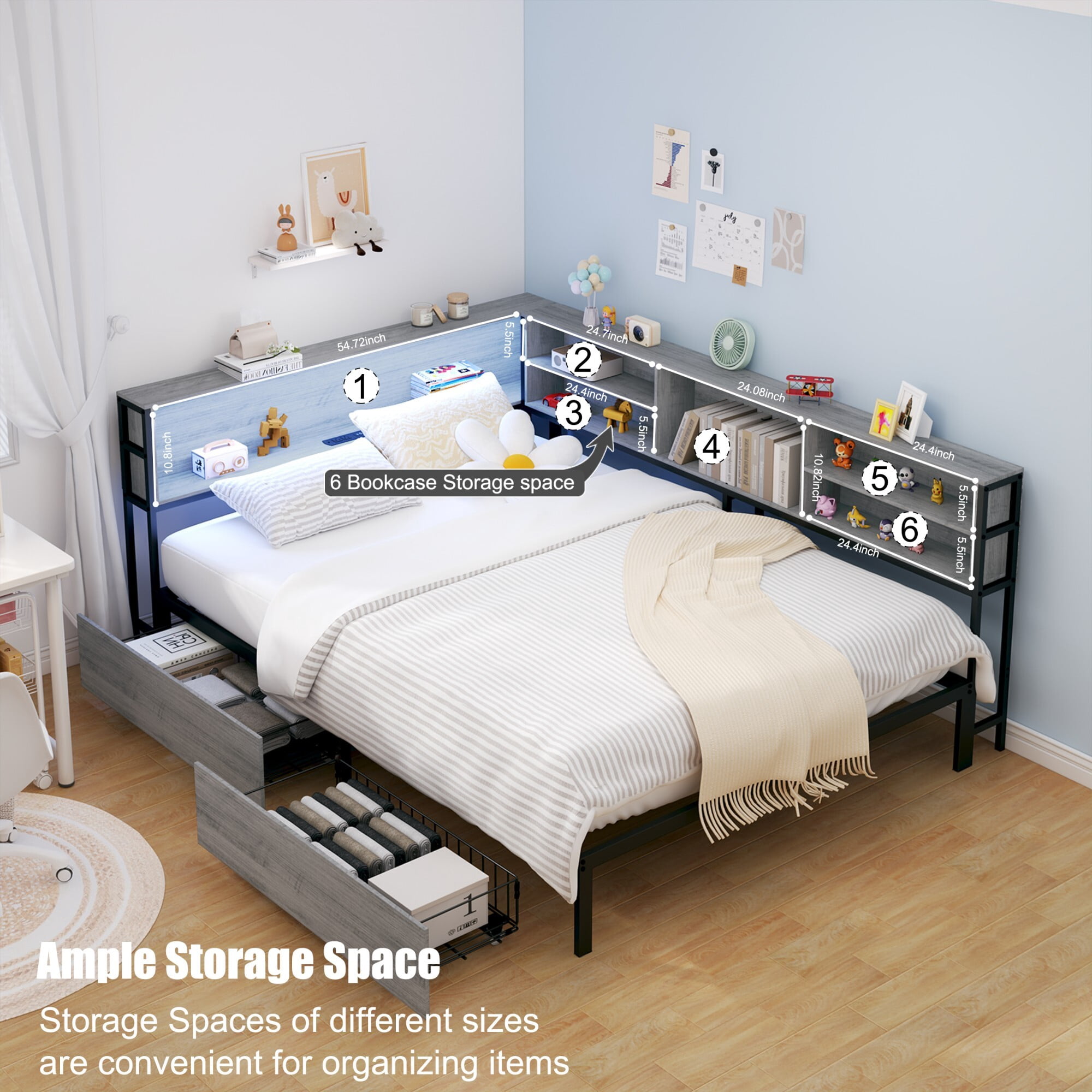 AENKYO Full Size Corner Daybed Frame with 2 Drawers, Bookcase Headboard, Charging Station, and Smart LED Lights, Gray