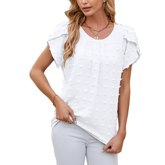 Women Summer V Neck Ruffle Short Sleeve Blouse Dot Flowy Shirt Tunic Top White S