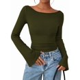 thumbnail image 2 of Women'S Long Sleeve Shirts Crop Going Out Tops Casual Boat Neck Bell Sleeve Ruched Green M, 2 of 9