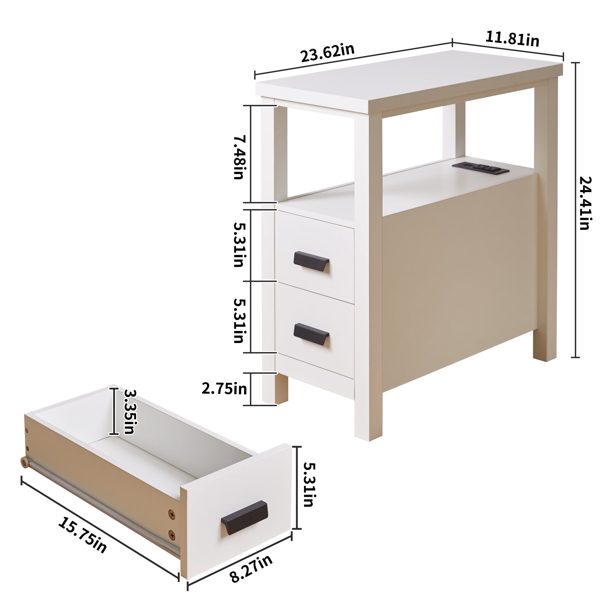 Leumius End Table with 2 Drawers & Charging Station,Side Tables with USB Ports & Outlets,Small Wood Bedside Table for Living Room Bedroom,White